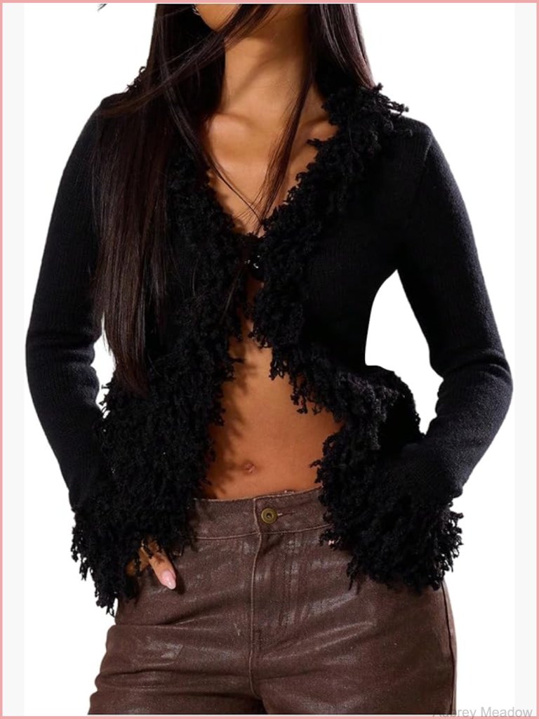 V Neck Long Sleeve Knit Cardigan Sweater With Fuzzy Trim